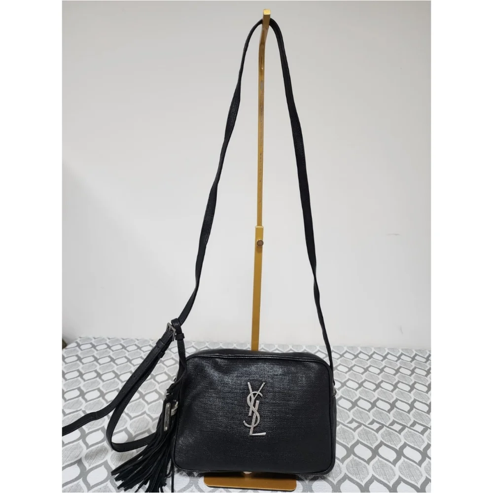 YVES SAINT LAURENT Lou Camera Raffia Canvas Crossbody Bag Black